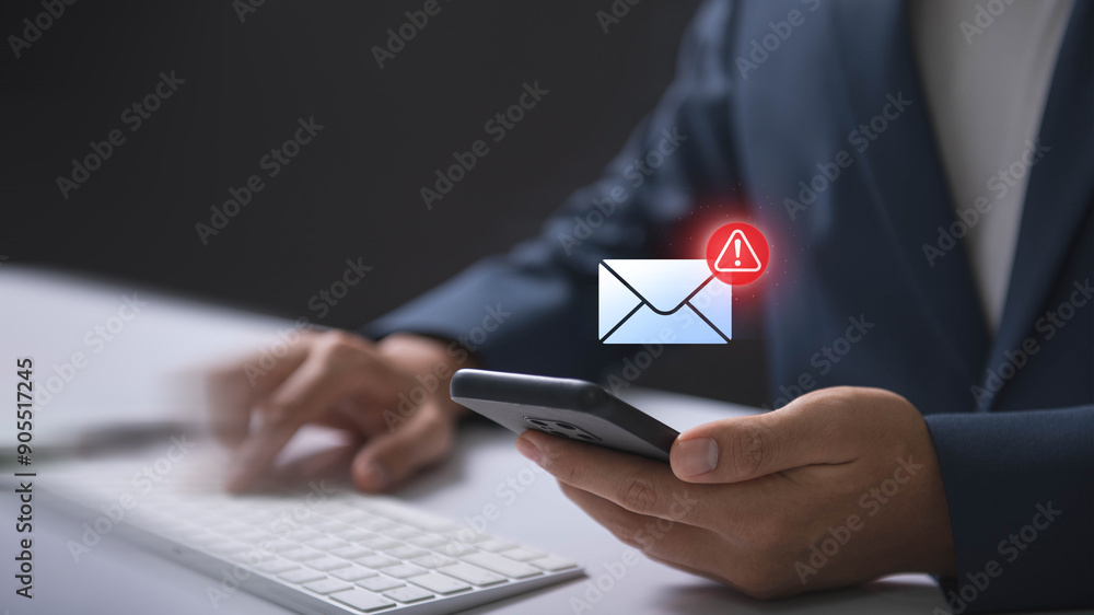 Fototapete Email hacked warning alert notification, junk mail, scam malware spreading virus on message alert virtual on smartphone. potential cybersecurity threats and warnings.