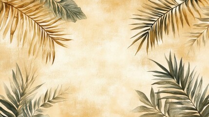 Watercolor design with exotic leaves and palm branches in tropical beige tones.