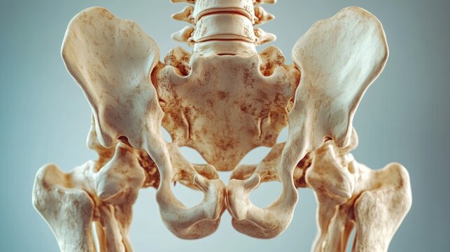 Detailed 3D artwork of human pelvic bone anatomy.