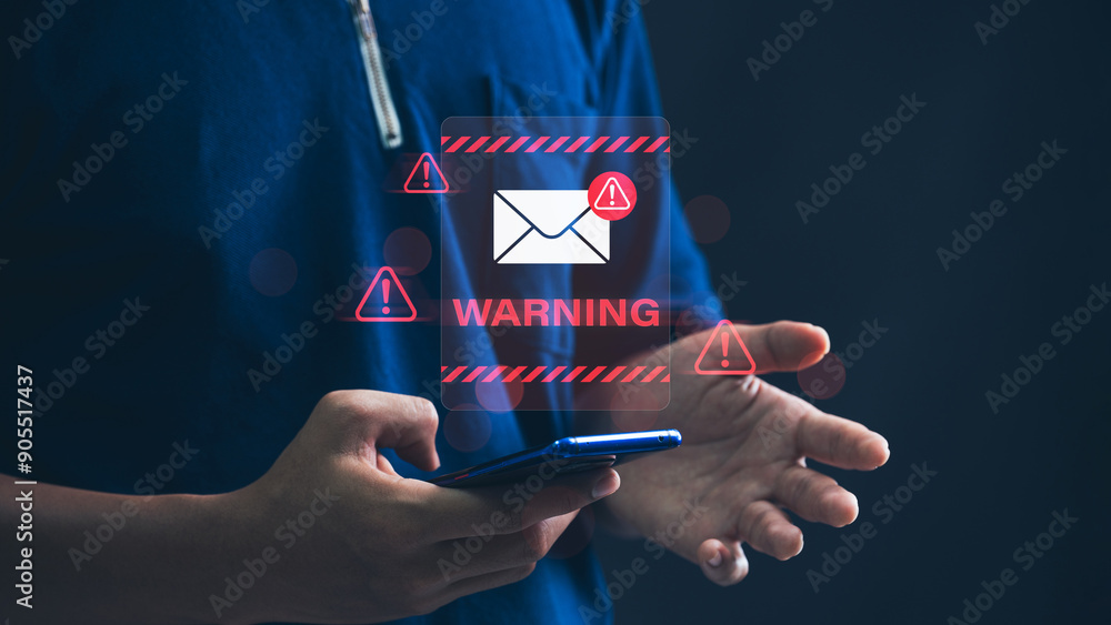 Leinwandbilder email hacked warning alert notification, junk mail, scam malware spreading virus on message alert vi