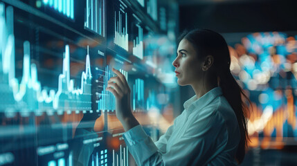 Businesswoman analyzing stock market trends on a digital board.