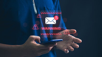 Email hacked warning alert notification, junk mail, scam malware spreading virus on message alert virtual on smartphone. potential cybersecurity threats and warnings. © IDOL'foto