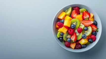 A bowl of fresh fruit salad with mango, kiwi, strawberries, raspberries, and blueberries.  A healthy and delicious snack or dessert.