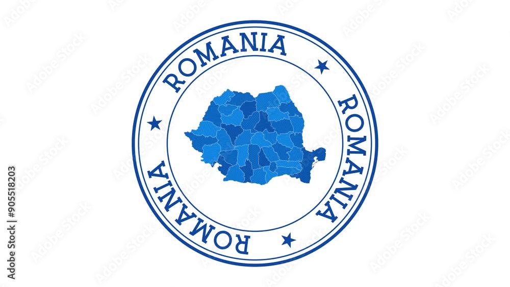Poster romania intro. badge with the circular name and map of the country. romania round logo animation.