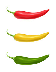 3D realistic red, yellow and green pepper set isolated on white background.