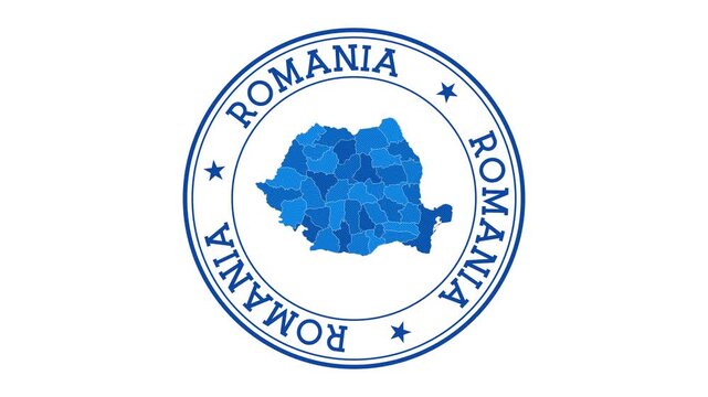 Romania intro. Badge with the circular name and map of the country. Romania round logo animation.
