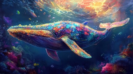 Fantasy whale swimming in the ocean, creatively illustrated with vibrant colors and imaginative details, evoking a sense of wonder.