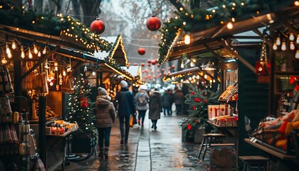 Naklejka premium A bustling Christmas market with festive lights, decorations, and shoppers browsing the stalls.