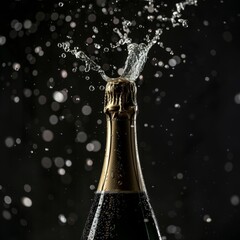 A champagne bottle with a popping cork, creating a splash of sparkling liquid against a black background.