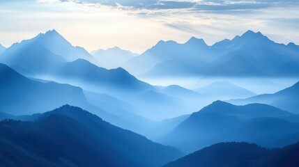 Obraz premium Majestic mountains bathed in serene light, inviting viewers to discover the peaceful beauty of nature's grandeur.