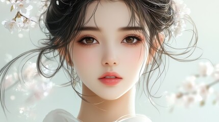 Japanese female beauty illustration, capturing delicate and elegant features with a soft, artistic touch.