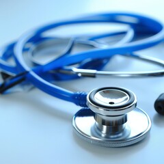 A close-up of a blue stethoscope on a white background. The stethoscope is a symbol of healthcare and medical professionals.