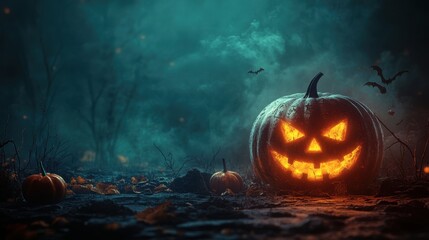 Naklejka premium Halloween background with ample space for text, featuring classic spooky elements and a dark, eerie atmosphere.