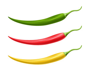 3D realistic red, yellow and green pepper set isolated on white background.