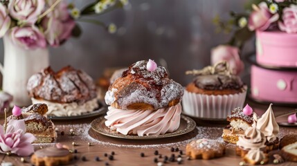 A close-up of decadent chocolate and cream pastries with pink flowers and sprinkles on a rustic wooden table.