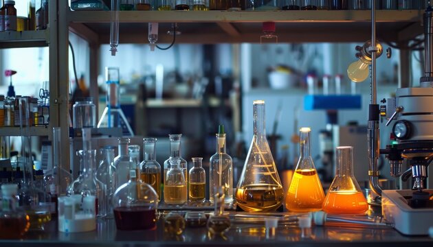 A close-up of beakers and flasks filled with colorful liquids in a scientific laboratory.