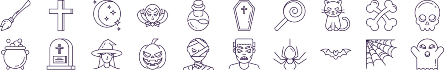 Collection of icons of Halloween for Advertisement. Suitable for books, stores, shops. Editable stroke in minimalistic outline style. Symbol for design