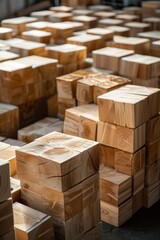 A close-up view of neatly stacked wooden blocks, showcasing the natural grain and texture of the wood.