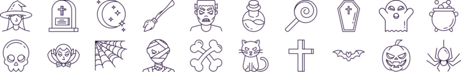 Collection of Signs of Halloween. Suitable for books, stores, shops. Editable stroke in minimalistic outline style. Symbol for design