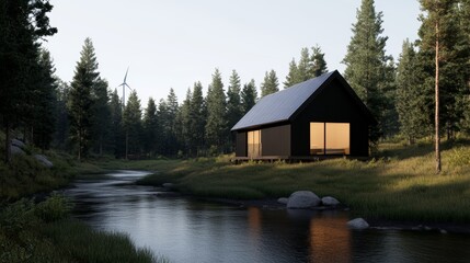 Obraz premium An off-grid cabin in a dense forest, powered by solar panels and a nearby wind turbine, with a tranquil stream flowing past and wildlife nearby, high-resolution photo, realistic photo