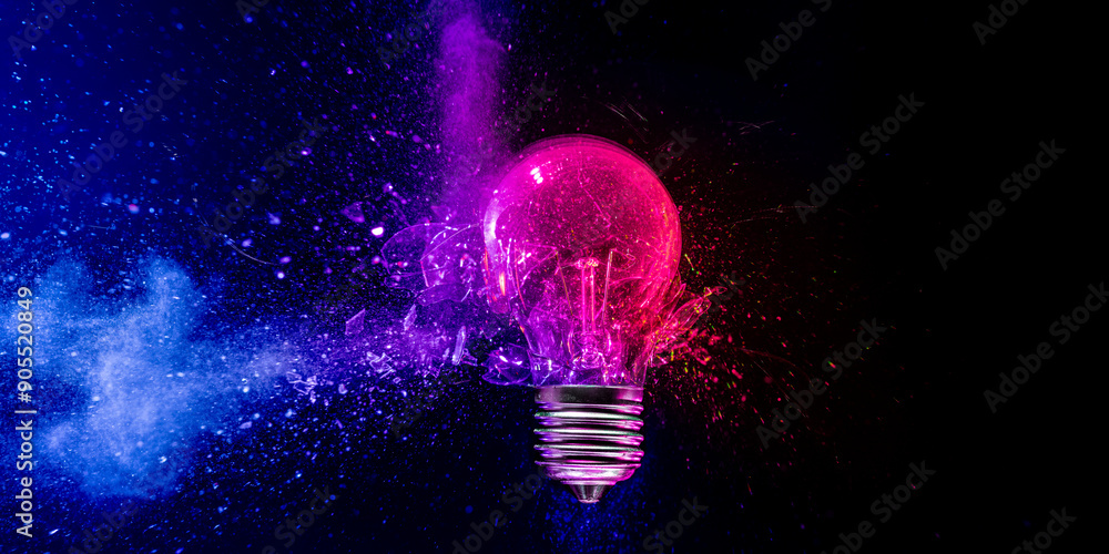 Poster pink light bulb exploding in colorful powder on black background