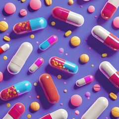 A colorful array of pills and capsules scattered on a purple background.