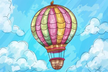 A colorful hot air balloon floats in a bright blue sky with fluffy white clouds.