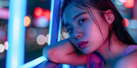 Fototapeta premium A young woman gazes thoughtfully in an urban environment, illuminated by vibrant neon lights with a bokeh effect in the background