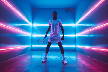 Dynamic Squash Play: Showcases Skill and Style in Neon Court