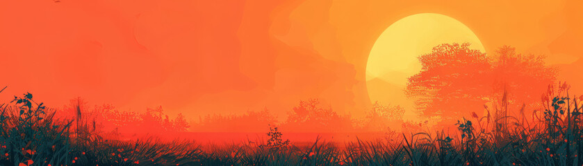 A stunning sunset over a serene landscape with vibrant orange and red hues illuminating the horizon and silhouettes of trees.