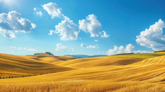 A picturesque landscape background featuring rolling hills covered in golden wheat fields, with a clear blue sky and fluffy white clouds above, creating a peaceful and idyllic scene that celebrates