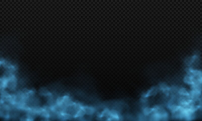 Fototapeta premium Realistic blue fog or smoke texture isolated on transparent dark background. Neon magic fog on black background.