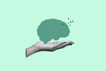 Human hand holding brain with birds. human psychological and emotional stability. Concept of psychology, mental health and feelings. Contemporary art collage. 
