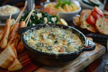 A delicious looking spinach and artichoke dip with various appetizers surrounding it.  A perfect meal for sharing with friends.