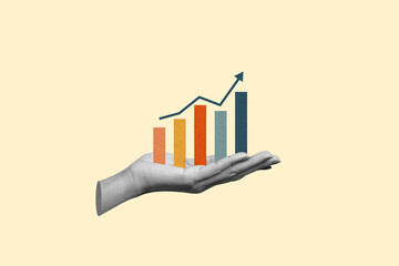 Hand holding business increases in the financial graph arrow. Business collage
