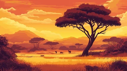  vector style of savanna scene with trees and warm tone color © rielart