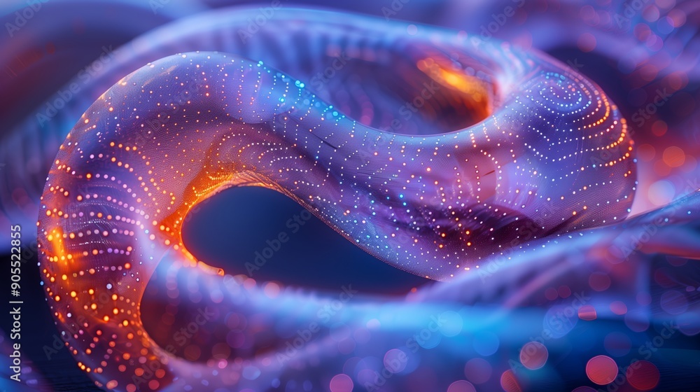 Poster abstract colorful digital rendering of wavy form with glowing patterns in deep blue background