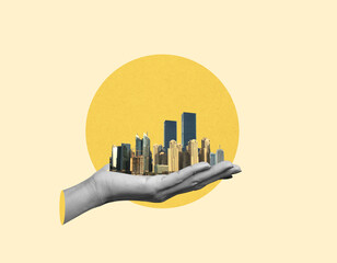 Hand holding modern city creative concept. Digital collage modern art.