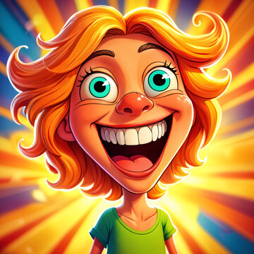 Cartoon girl with red hair and blue eyes, smiling broadly against a vibrant background of yellow and orange hues.