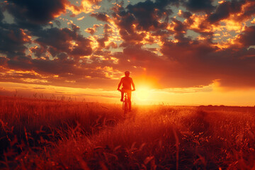 Fototapeta premium Cyclist Embraces the Golden Horizon While Riding Through a Serene Sunset Landscape