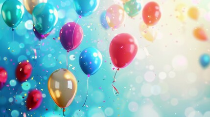 A festive background with colorful balloons floating against a bright blue bokeh. Perfect for birthday, celebration, or party designs.