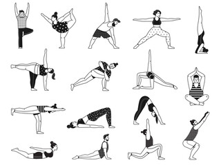 People Doing Common Yoga Poses Line Art Set
