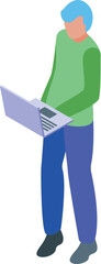 Programmer standing and holding a laptop, typing on the keyboard