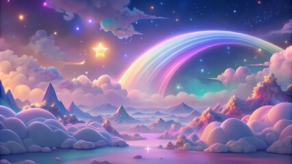 Obraz premium A background of pastel rainbow unicorns with glittering stars. A dreamy, pink, fuzzy sky. charming region with holography. A backdrop with fairy iridescent gradients Background