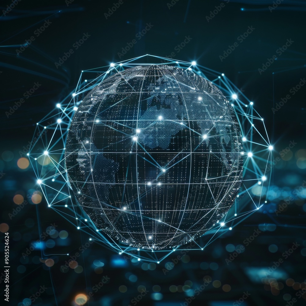 Poster a futuristic illustration of a glowing digital globe with interconnected lines, representing global 