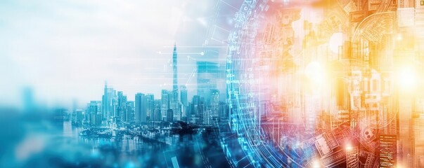 Abstract digital art of global currencies interweaving with a growing cityscape, symbolizing economic development and financial portfolios