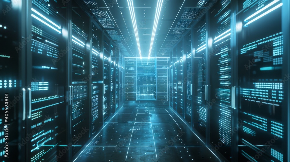 Poster a futuristic server room with glowing blue lights and rows of servers. the room is clean and modern.