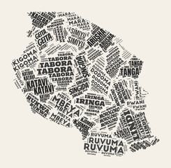 Tanzania Word Cloud. Country with regions division. Tanzania typographic text clouds vector image design. Vintage gazette style country shape image. Vibrant vector illustration.