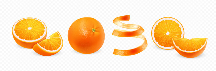 Realistic 3D orange fruit. Set of whole, slice, piece and orange peel isolated on transparent background.