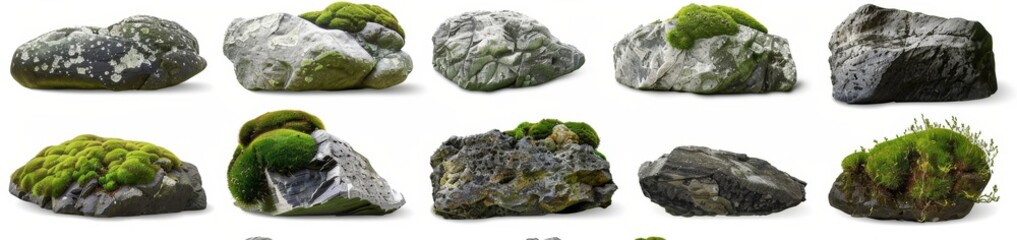  Realistic Natural Rock Collection with Green Moss Isolated on White Background. Diverse Stone Assortment for Landscaping, Geology Study, and Nature-Inspired Design. Textured Minerals and Earthy Eleme